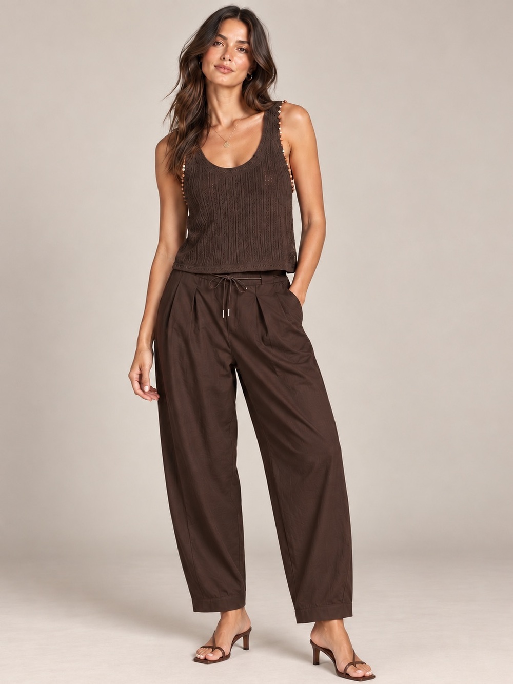 House of Harlow 1960 Beaded Crochet Tank Barrel Pants Set M Brown Boho Chic NWT